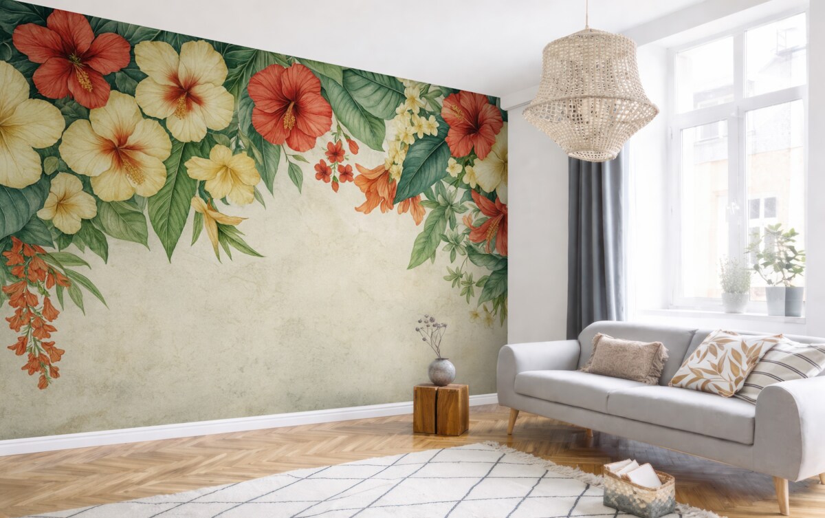 Fototapeta Tropikalne kwiaty oraz rośliny zwisające z góry na wzorzystym tle.