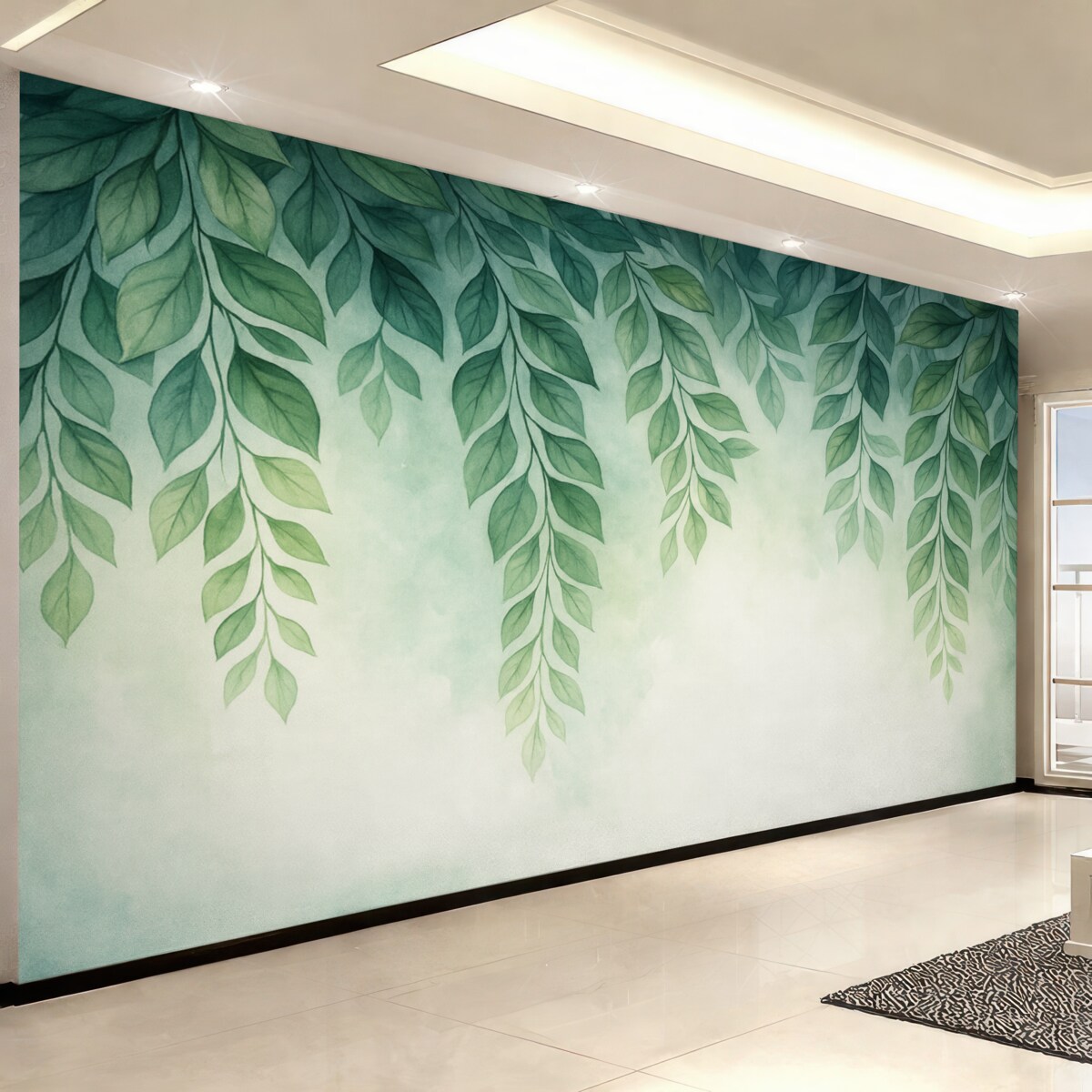 Fototapeta liście w odcieniach zieleni w stylu akwarelowym opadające z góry