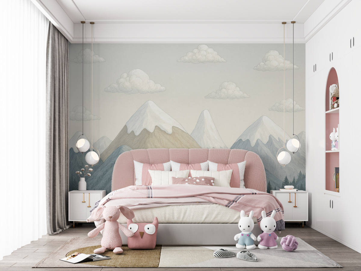 Fototapeta Minimalistyczny górski pejzaż z przykrytymi śniegiem szczytami w stonowanych odcieniach szaro-niebieskich oraz beżowych, wzbogacony o drobne chmurki.