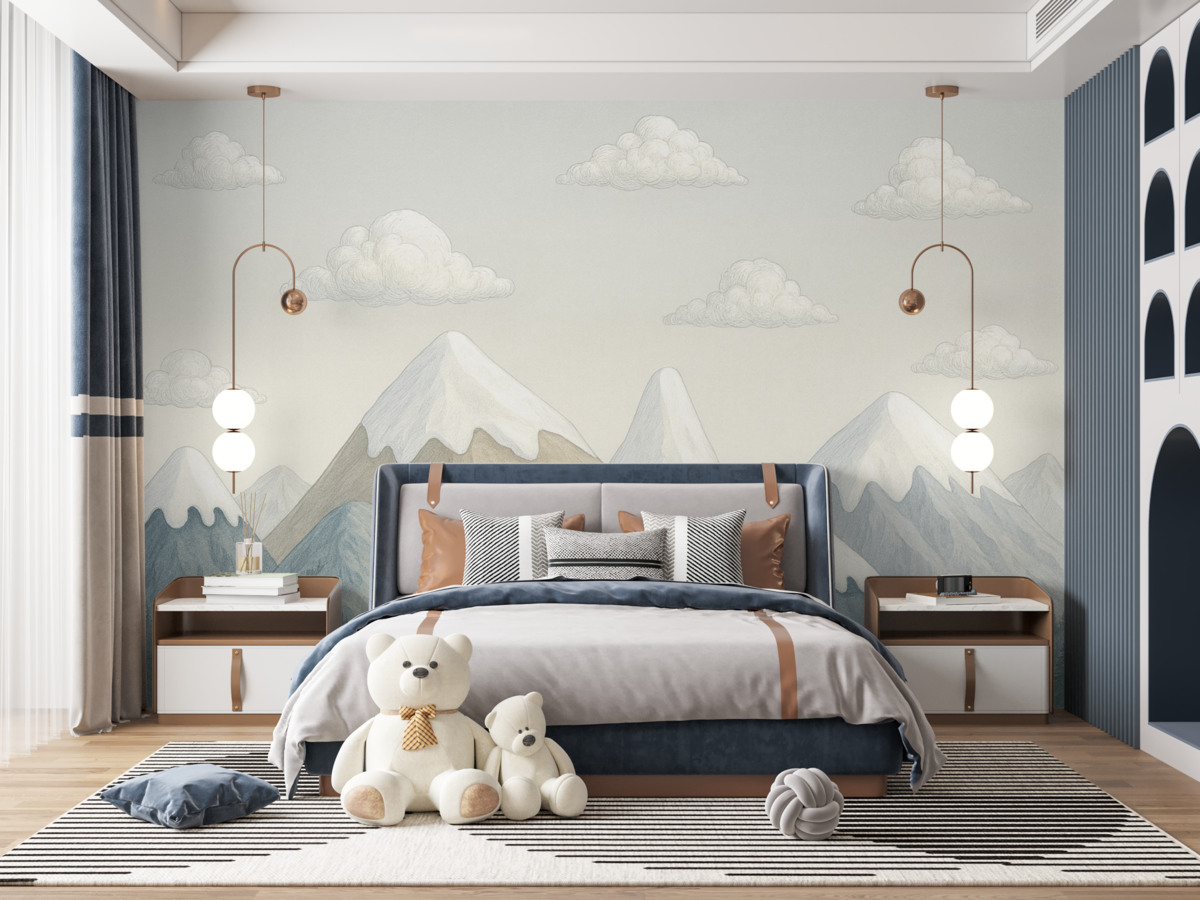 Fototapeta Minimalistyczny górski pejzaż z przykrytymi śniegiem szczytami w stonowanych odcieniach szaro-niebieskich oraz beżowych, wzbogacony o drobne chmurki.