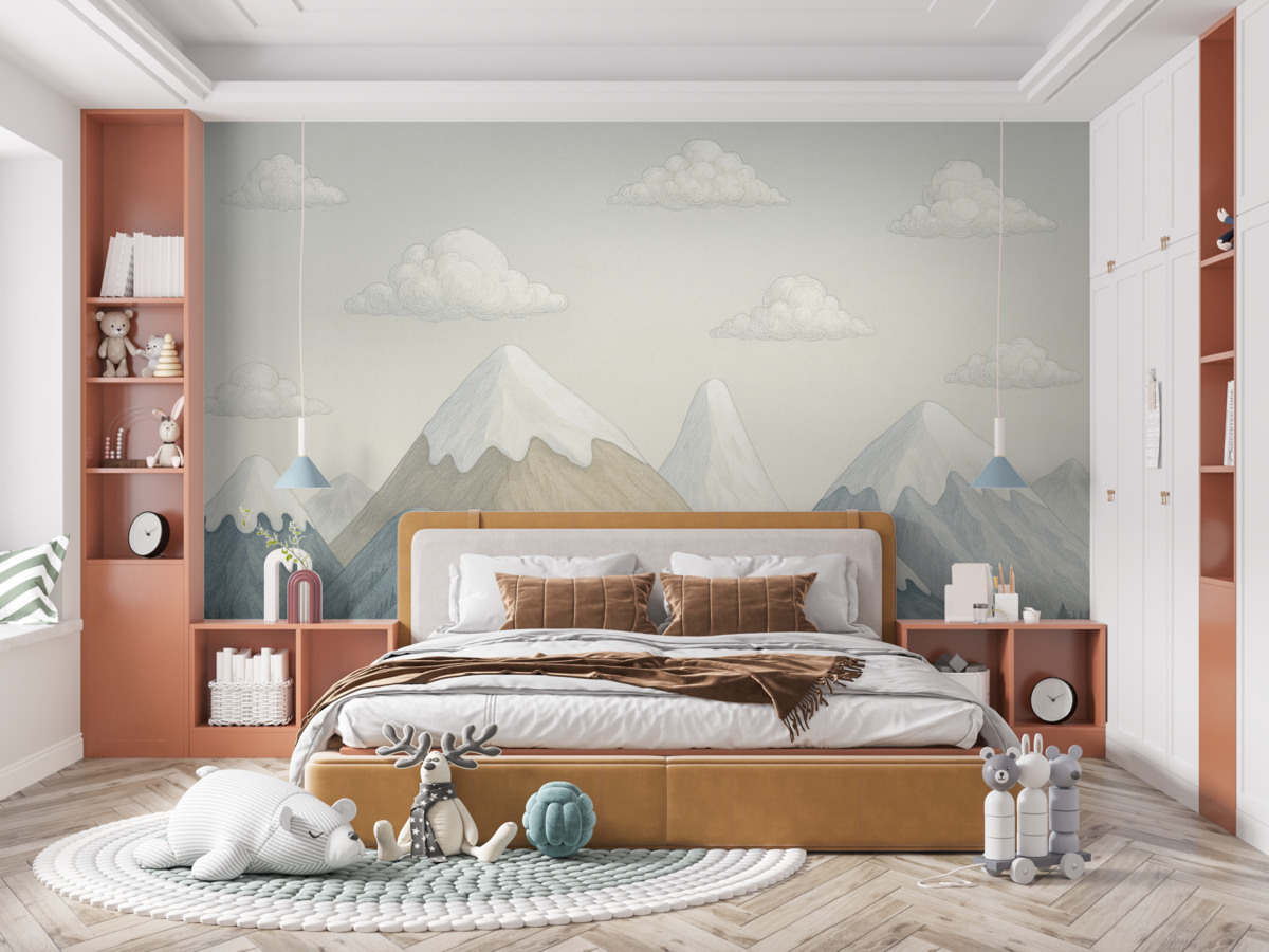 Fototapeta Minimalistyczny górski pejzaż z przykrytymi śniegiem szczytami w stonowanych odcieniach szaro-niebieskich oraz beżowych, wzbogacony o drobne chmurki.