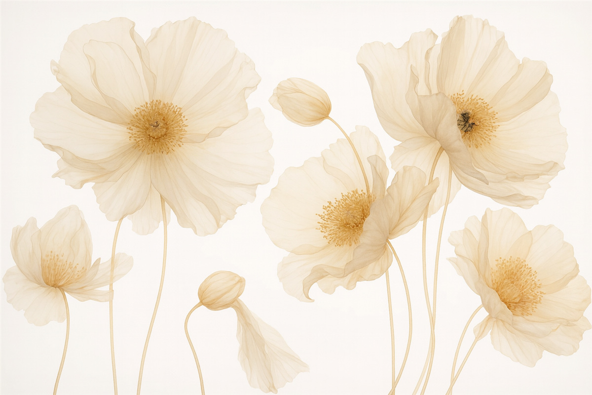 Fototapeta Półprzezroczyste kwiaty w subtelnych beżowo-pomarańczowych tonach na jasnym tle, nadające wrażenie lekkości i szyku.