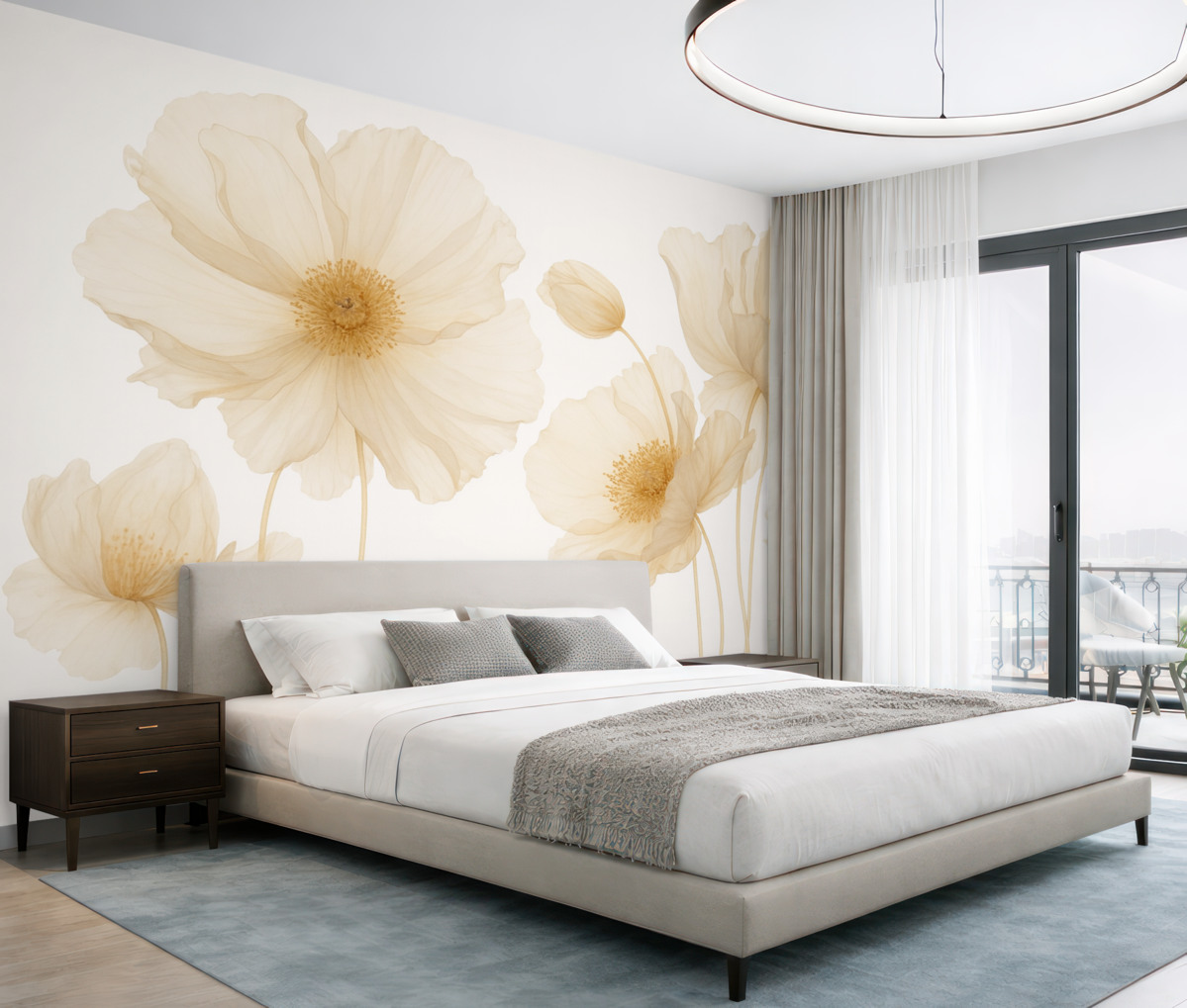 Fototapeta Półprzezroczyste kwiaty w subtelnych beżowo-pomarańczowych tonach na jasnym tle, nadające wrażenie lekkości i szyku.