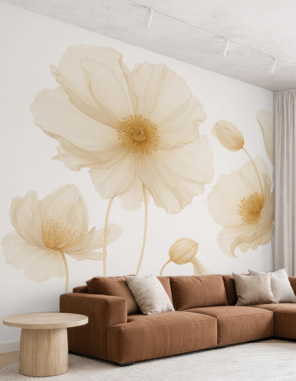 Fototapeta Półprzezroczyste kwiaty w subtelnych beżowo-pomarańczowych tonach na jasnym tle, nadające wrażenie lekkości i szyku.