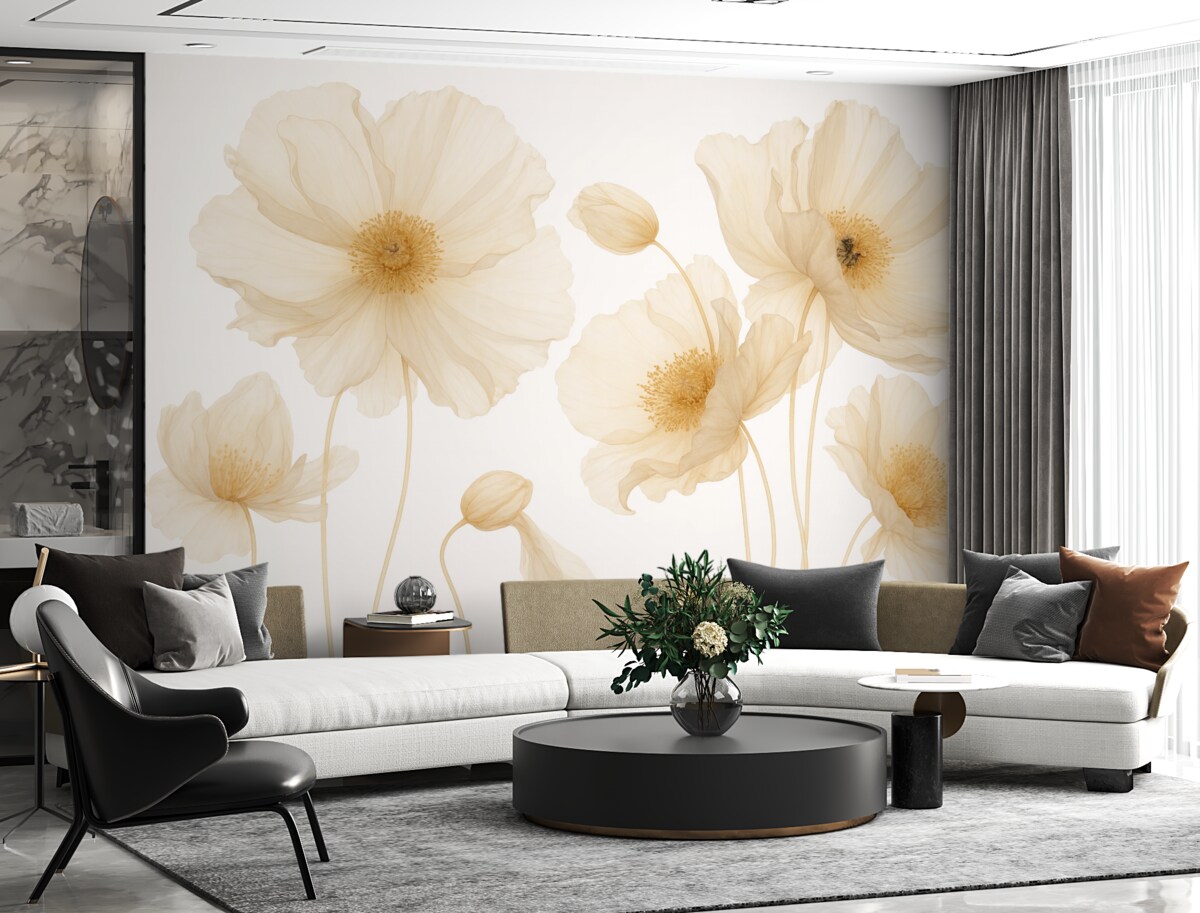 Fototapeta Półprzezroczyste kwiaty w subtelnych beżowo-pomarańczowych tonach na jasnym tle, nadające wrażenie lekkości i szyku.