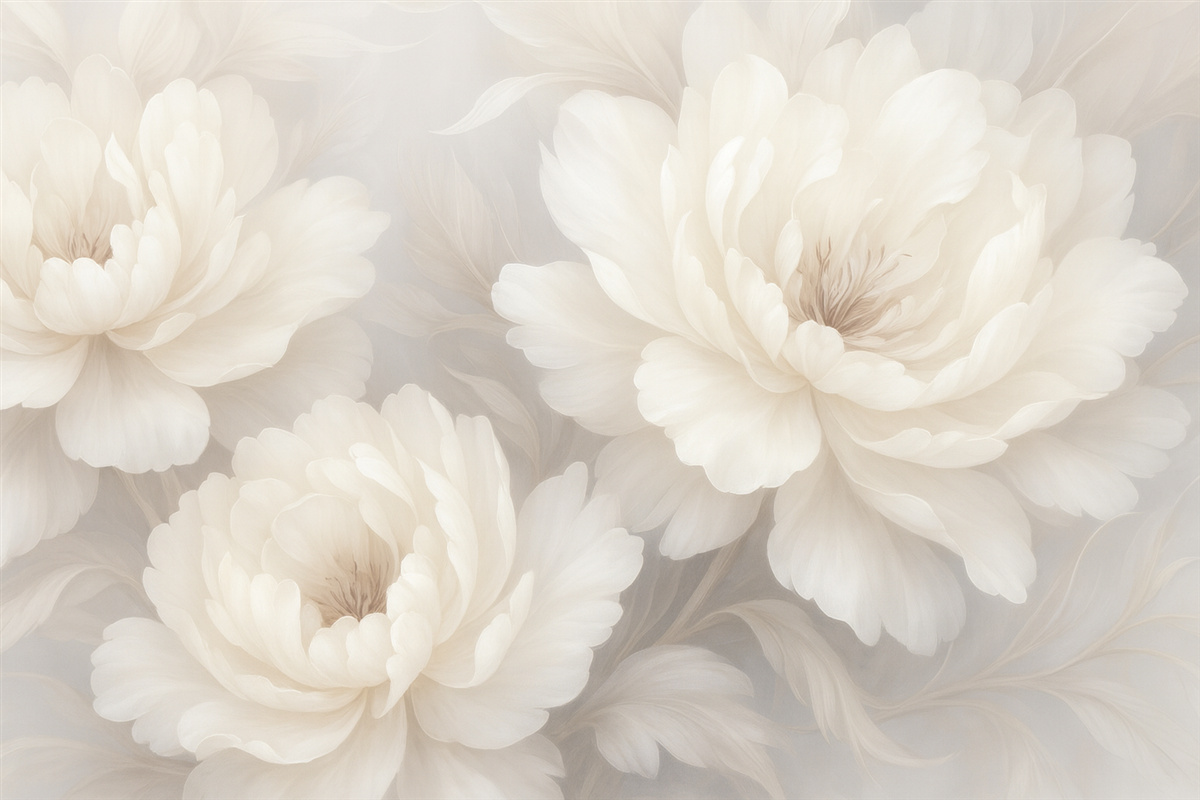 Fototapeta Subtelne, szerokie kwiaty w lekkich kremowo-białych tonach na stonowanym tle.