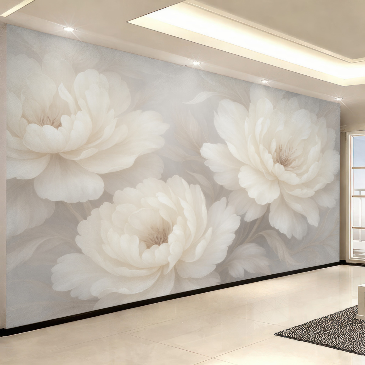 Fototapeta Subtelne, szerokie kwiaty w lekkich kremowo-białych tonach na stonowanym tle.