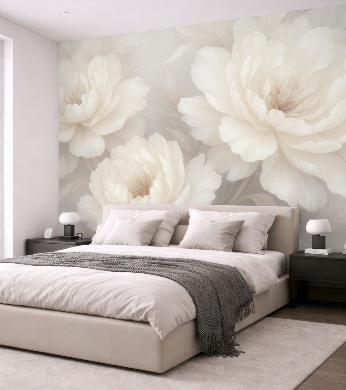 Fototapeta Subtelne, szerokie kwiaty w lekkich kremowo-białych tonach na stonowanym tle.