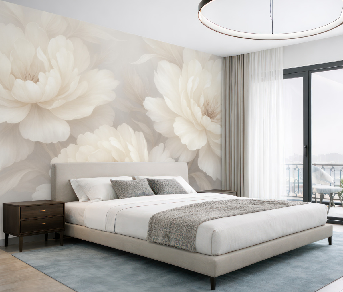 Fototapeta Subtelne, szerokie kwiaty w lekkich kremowo-białych tonach na stonowanym tle.