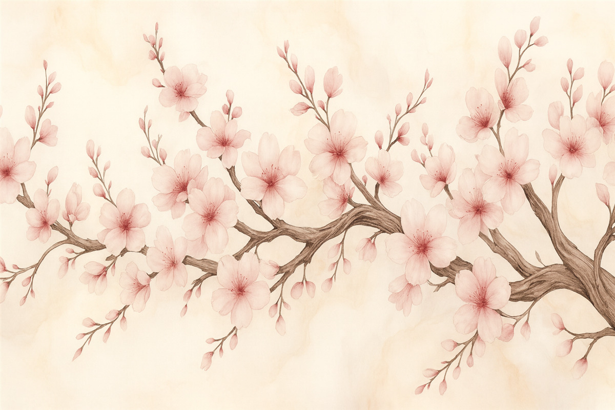 Fototapeta Cienka gałązka kwiatu wiśni z delikatnymi różowymi kwiatami na jasnym tle.