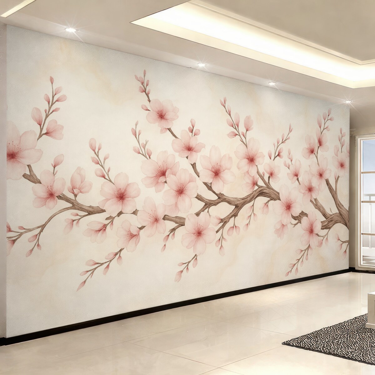 Fototapeta Cienka gałązka kwiatu wiśni z delikatnymi różowymi kwiatami na jasnym tle.