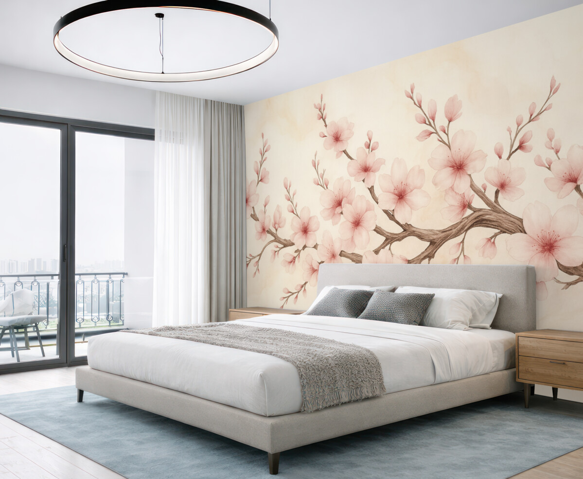 Fototapeta Cienka gałązka kwiatu wiśni z delikatnymi różowymi kwiatami na jasnym tle.