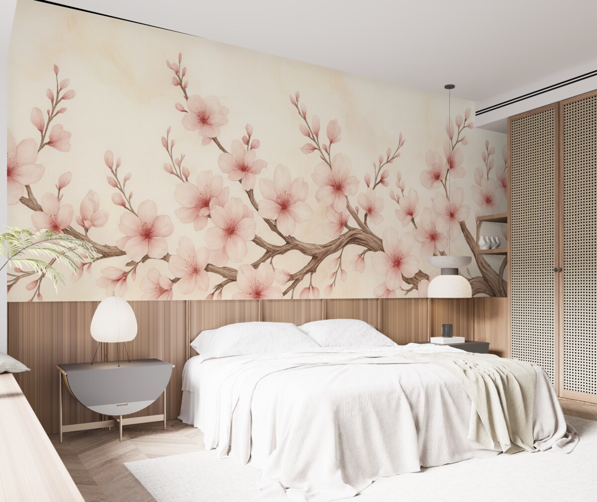 Fototapeta Cienka gałązka kwiatu wiśni z delikatnymi różowymi kwiatami na jasnym tle.