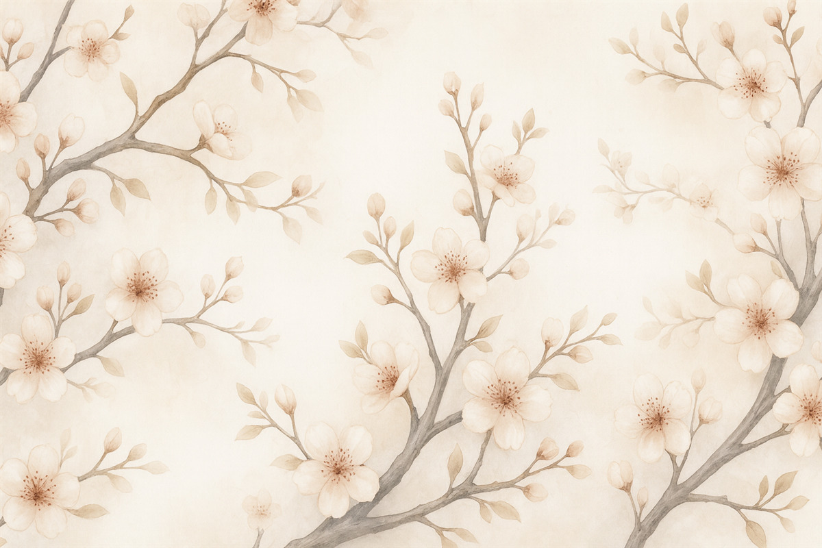 Fototapeta Subtelne gałązki kwitnącej sakury z delikatnymi różowymi płatkami na jasnym tle.