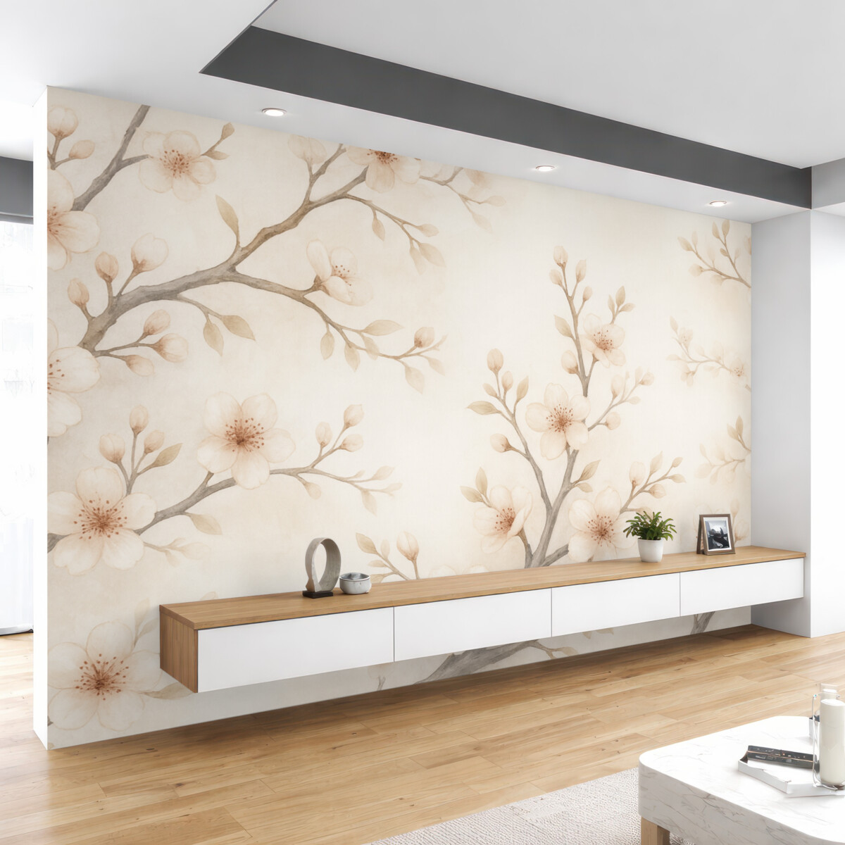 Fototapeta Subtelne gałązki kwitnącej sakury z delikatnymi różowymi płatkami na jasnym tle.