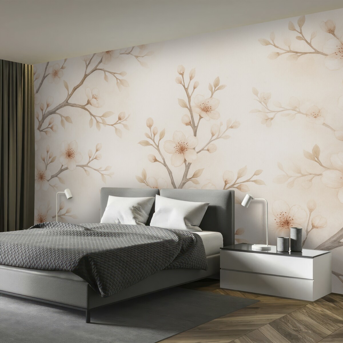 Fototapeta Subtelne gałązki kwitnącej sakury z delikatnymi różowymi płatkami na jasnym tle.