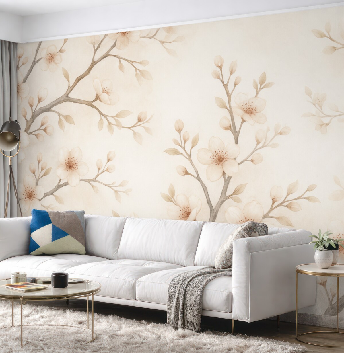 Fototapeta Subtelne gałązki kwitnącej sakury z delikatnymi różowymi płatkami na jasnym tle.