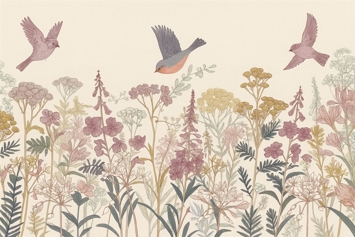 Fototapeta Malowane dzikie rośliny i ptaki.