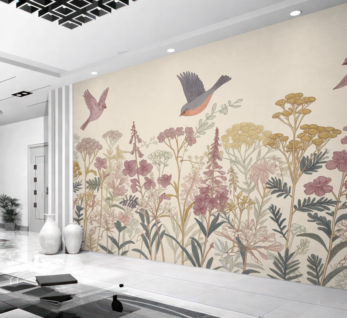 Fototapeta Malowane dzikie rośliny i ptaki.