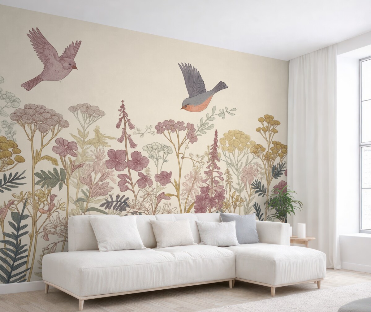 Fototapeta Malowane dzikie rośliny i ptaki.