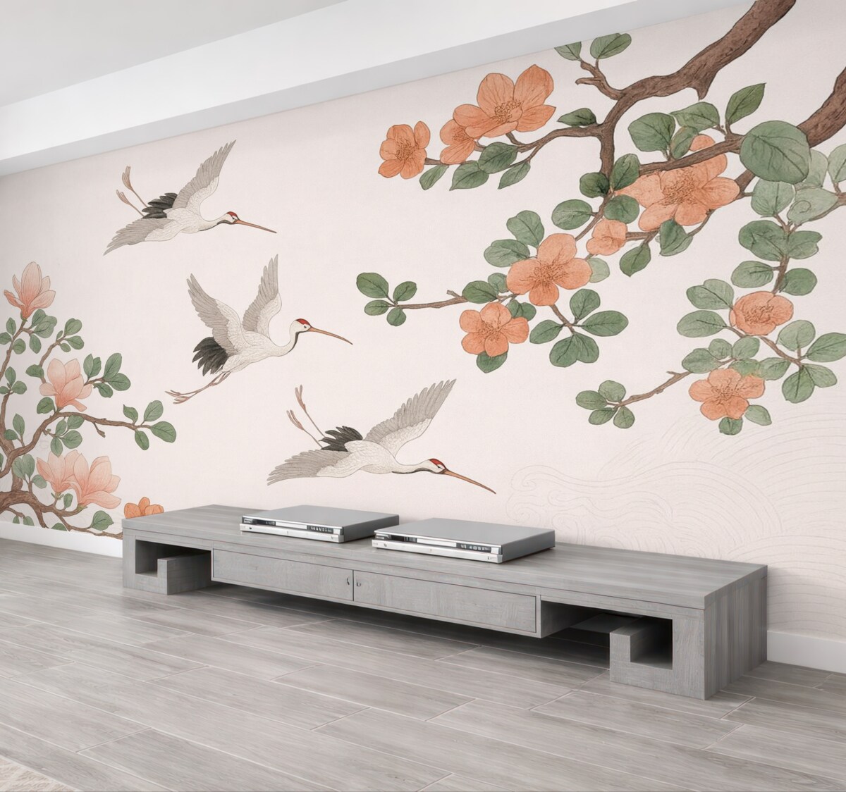 Fototapeta Gałęzie z kwiatami i żurawiami w japońskim stylu.