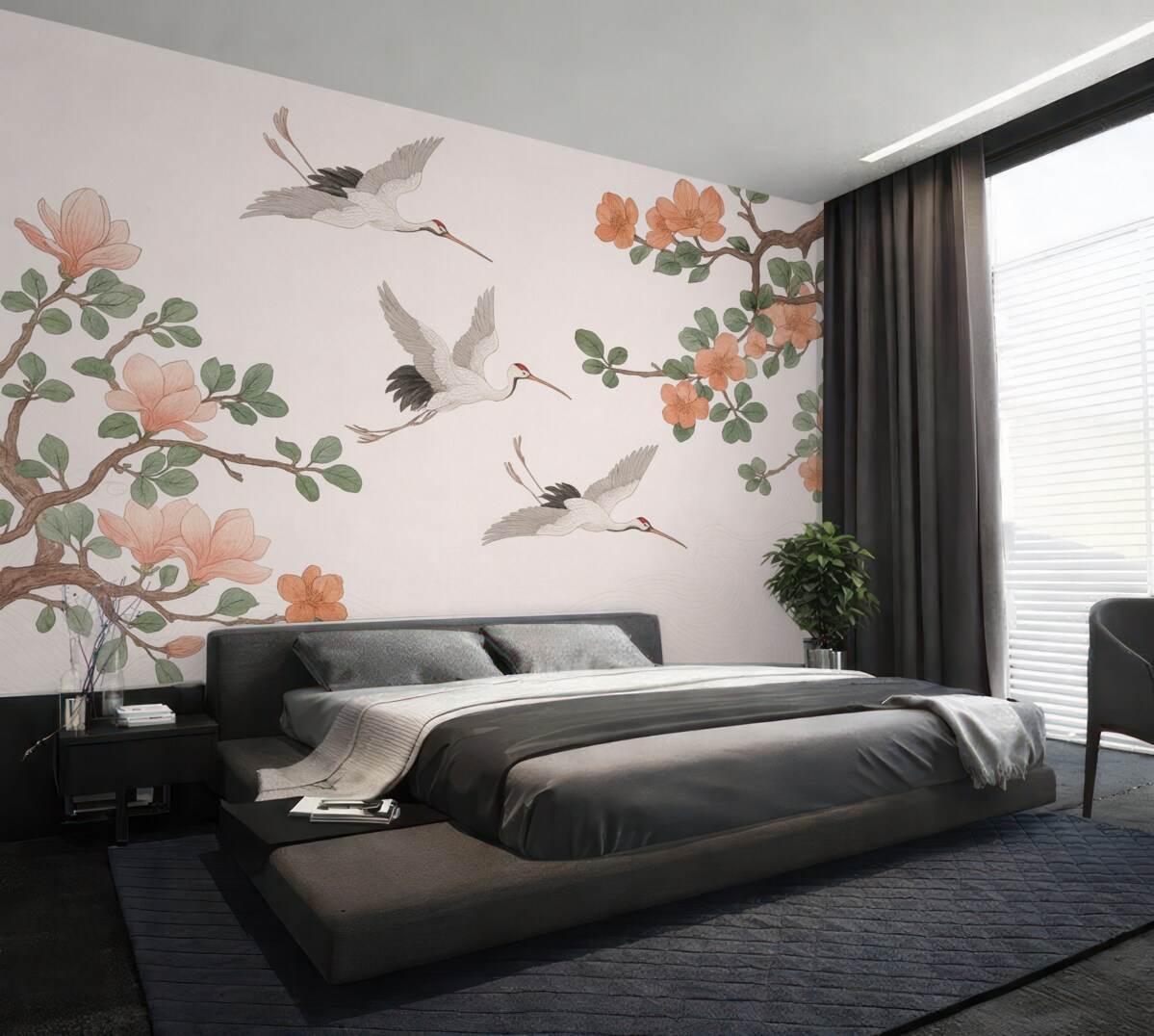 Fototapeta Gałęzie z kwiatami i żurawiami w japońskim stylu.