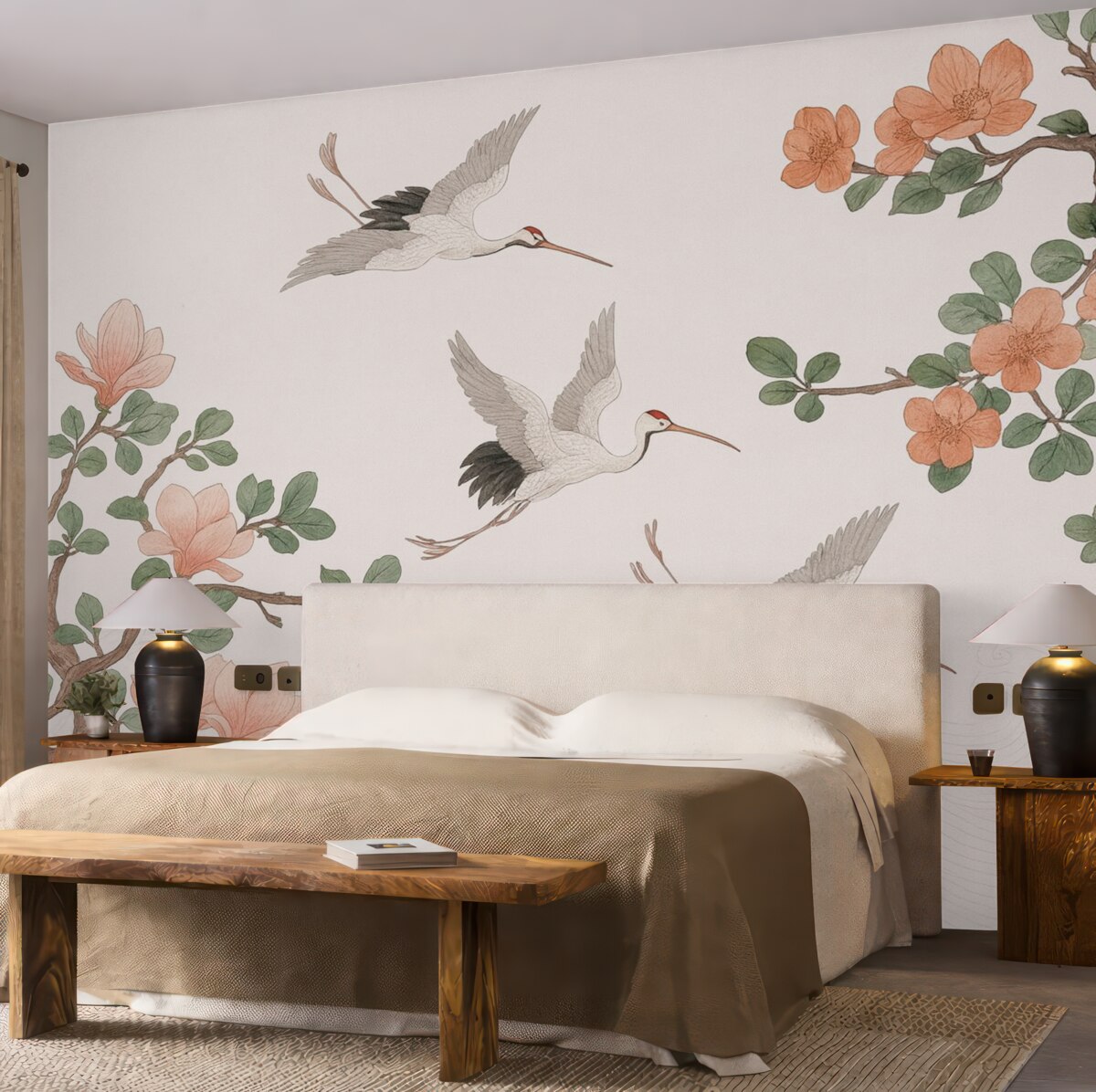 Fototapeta Gałęzie z kwiatami i żurawiami w japońskim stylu.