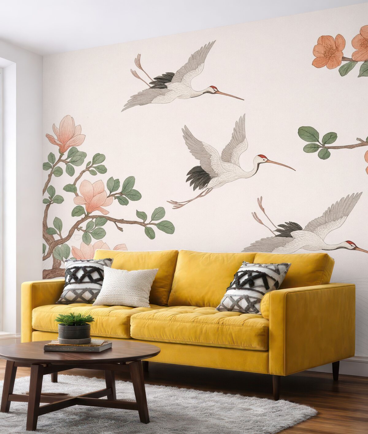 Fototapeta Gałęzie z kwiatami i żurawiami w japońskim stylu.