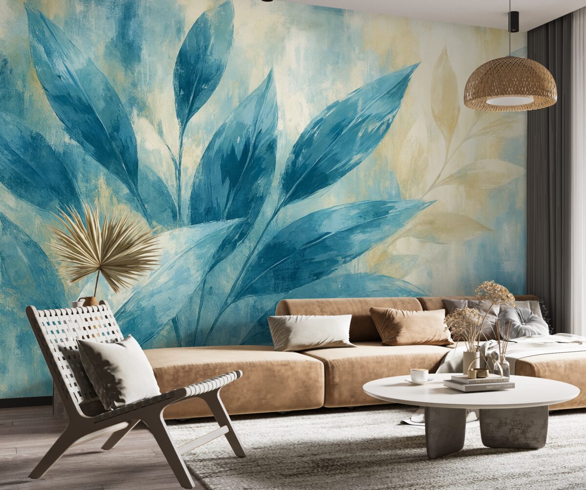 Fototapeta Niebieskie liście w stylu abstrakcyjnych smug.