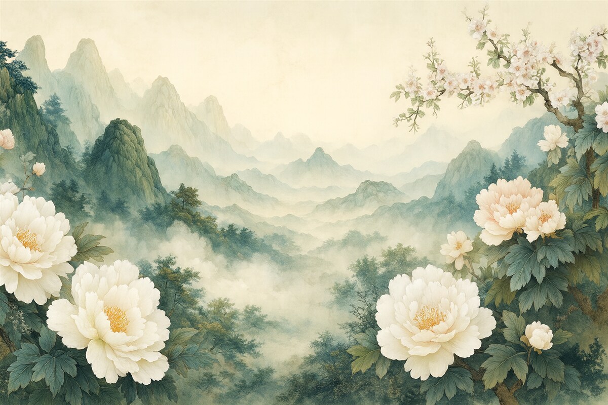 Fototapeta krajobraz z roślinami i wzniesieniami w stylu orientalnym