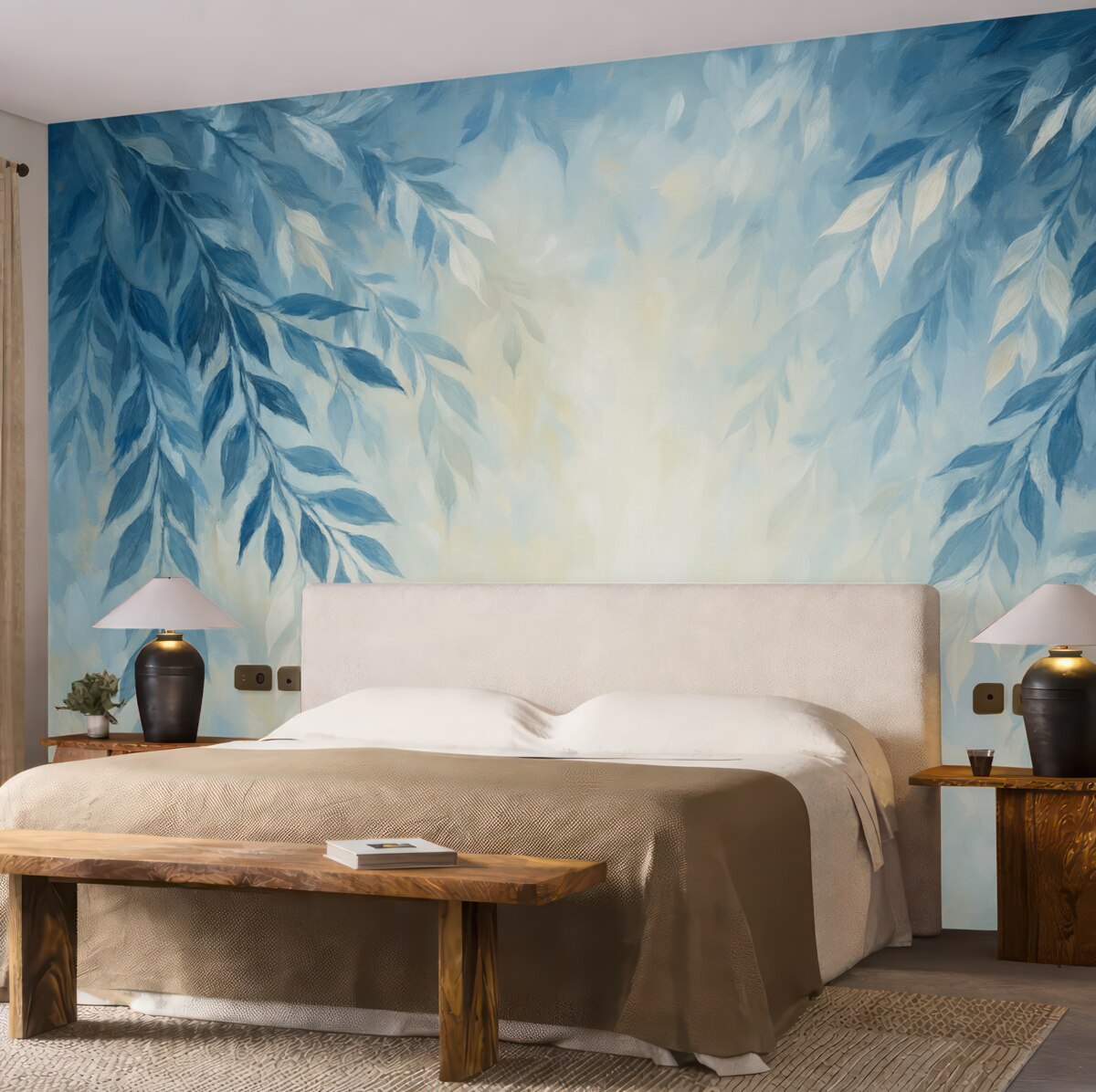 Fototapeta abstrakcyjne niebieskie liście z pociągnięciami w stylu malarstwa olejnego