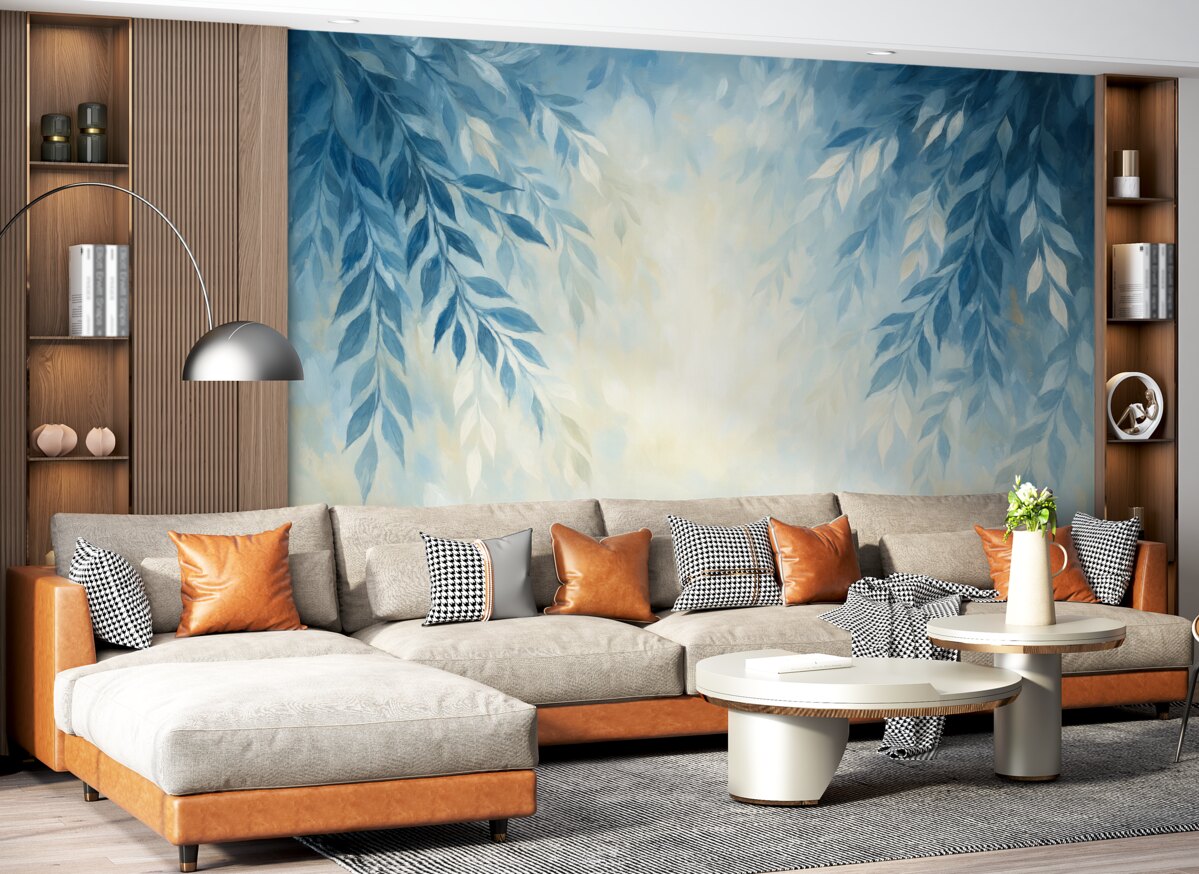 Fototapeta abstrakcyjne niebieskie liście z pociągnięciami w stylu malarstwa olejnego