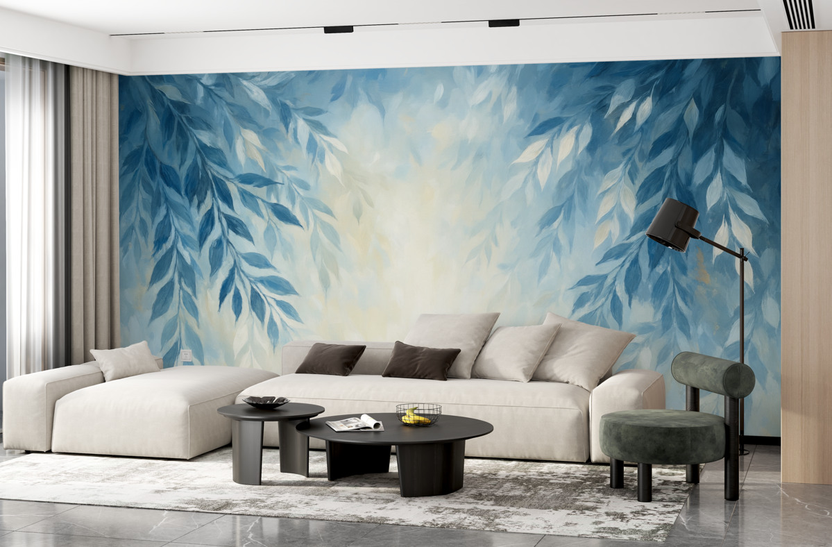 Fototapeta abstrakcyjne niebieskie liście z pociągnięciami w stylu malarstwa olejnego