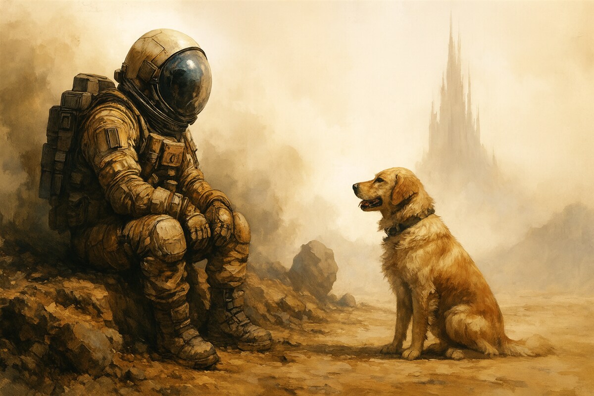 Fototapeta Postapokaliptyczny pejzaż z astronautą i psem.