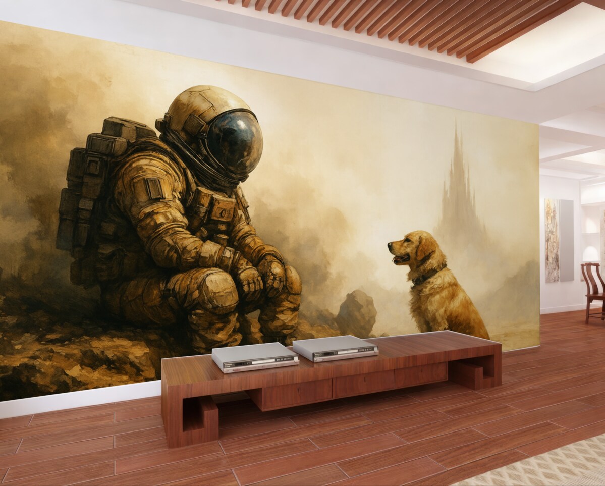 Fototapeta Postapokaliptyczny pejzaż z astronautą i psem.