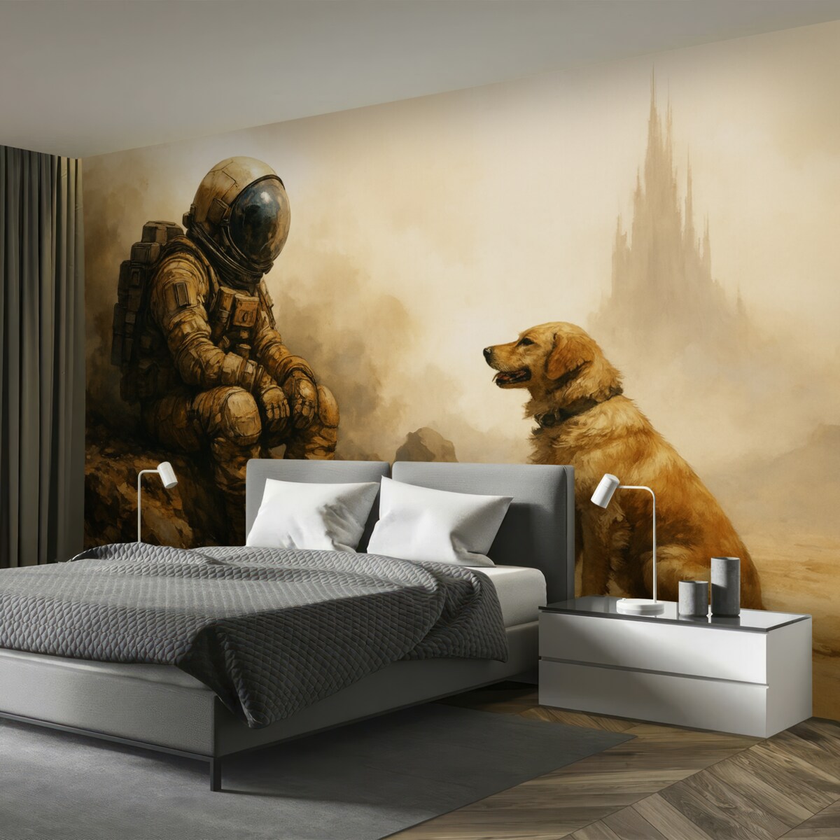 Fototapeta Postapokaliptyczny pejzaż z astronautą i psem.