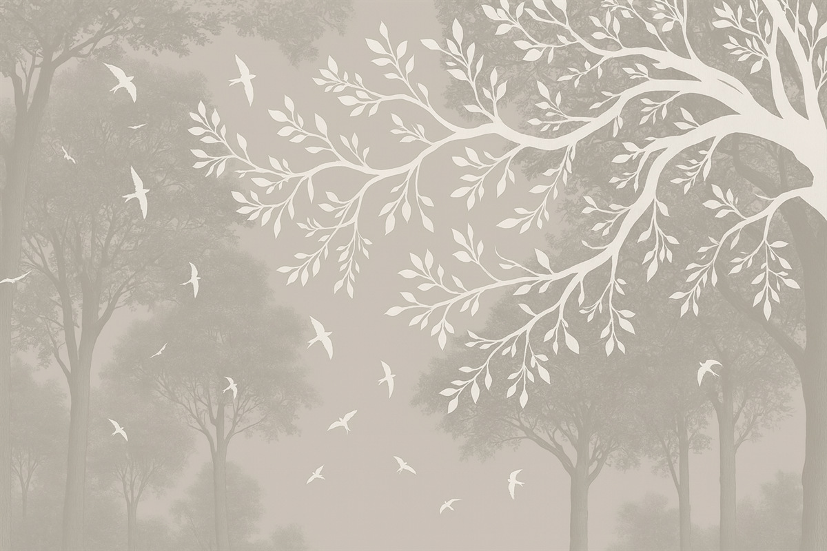 Fototapeta Sylwetka jasnej gałęzi drzewa z ptakami na tle lasu.