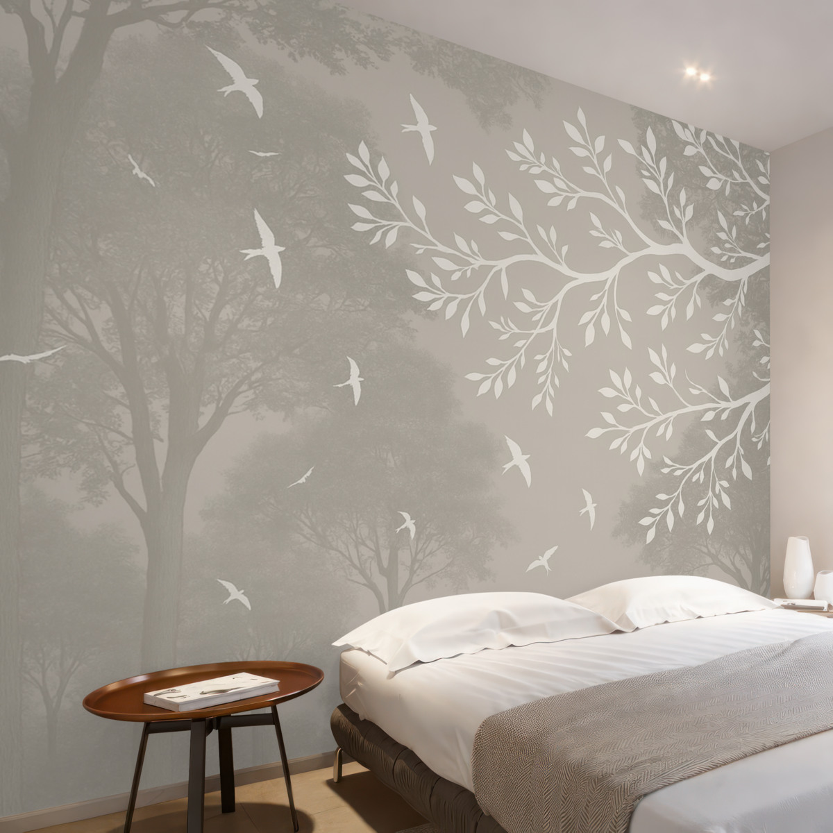 Fototapeta Sylwetka jasnej gałęzi drzewa z ptakami na tle lasu.