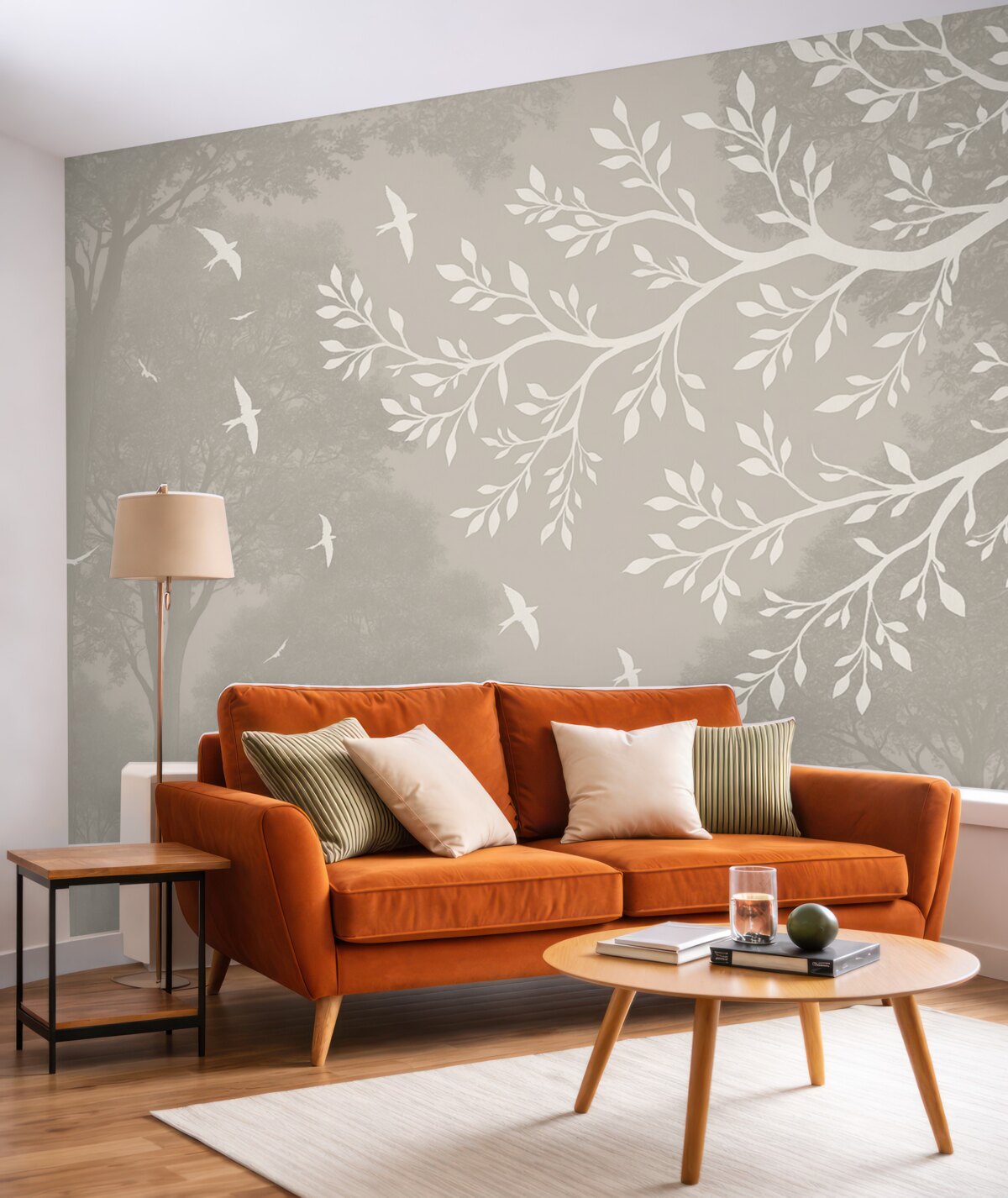 Fototapeta Sylwetka jasnej gałęzi drzewa z ptakami na tle lasu.