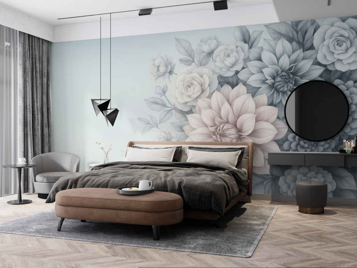 Fototapeta bukiet chryzantem na szaro-niebieskim tle