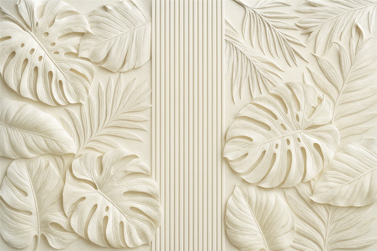 Fototapeta Obszerne tropikalne liście przypominające płaskorzeźby oraz jasne panele.