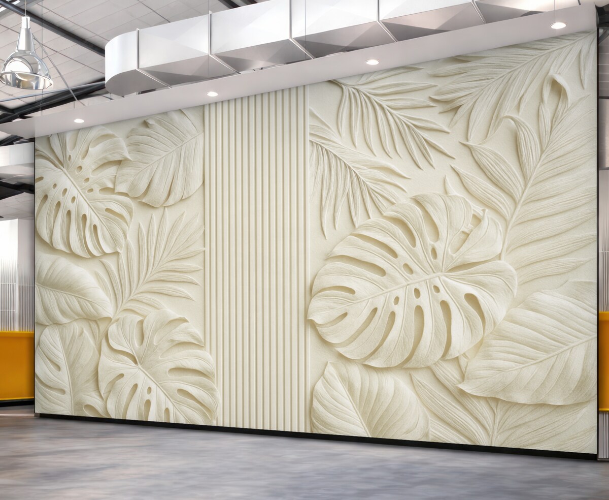 Fototapeta Obszerne tropikalne liście przypominające płaskorzeźby oraz jasne panele.