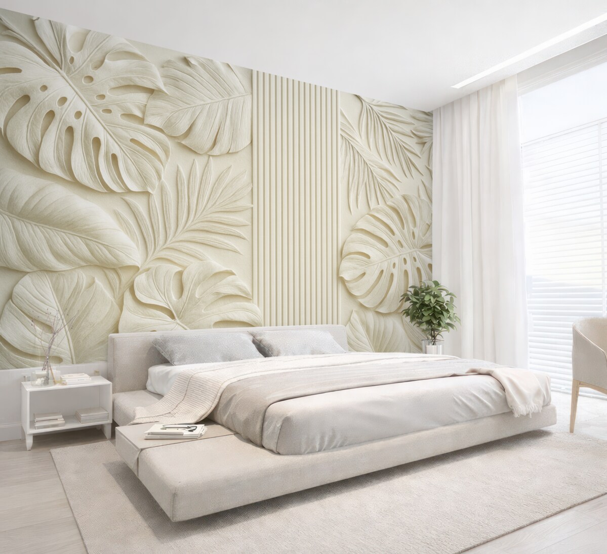 Fototapeta Obszerne tropikalne liście przypominające płaskorzeźby oraz jasne panele.