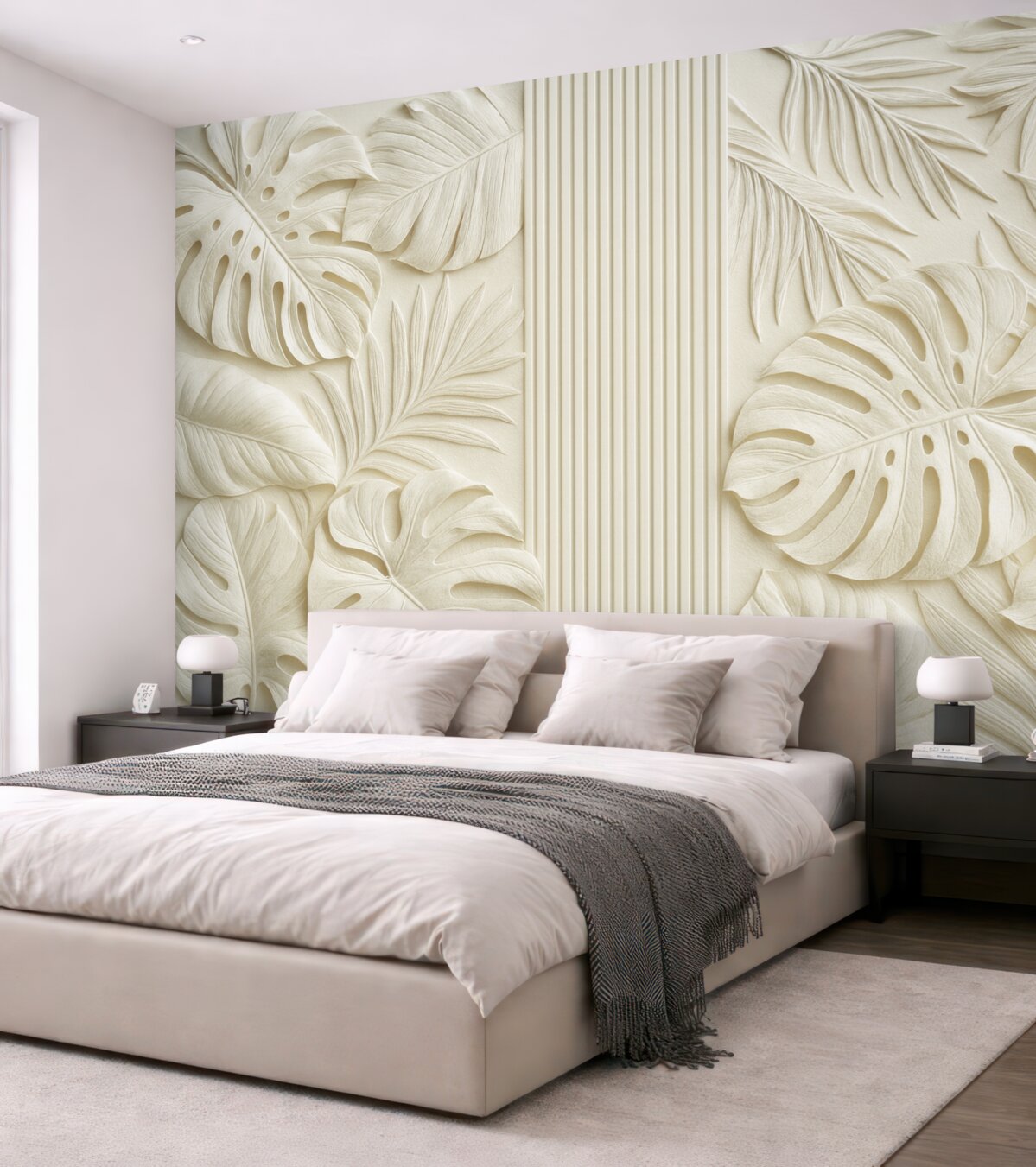 Fototapeta Obszerne tropikalne liście przypominające płaskorzeźby oraz jasne panele.