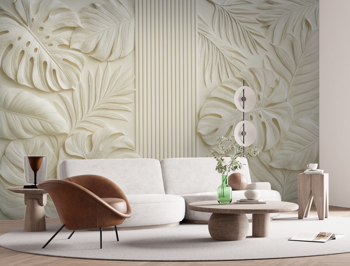 Fototapeta Obszerne tropikalne liście przypominające płaskorzeźby oraz jasne panele.