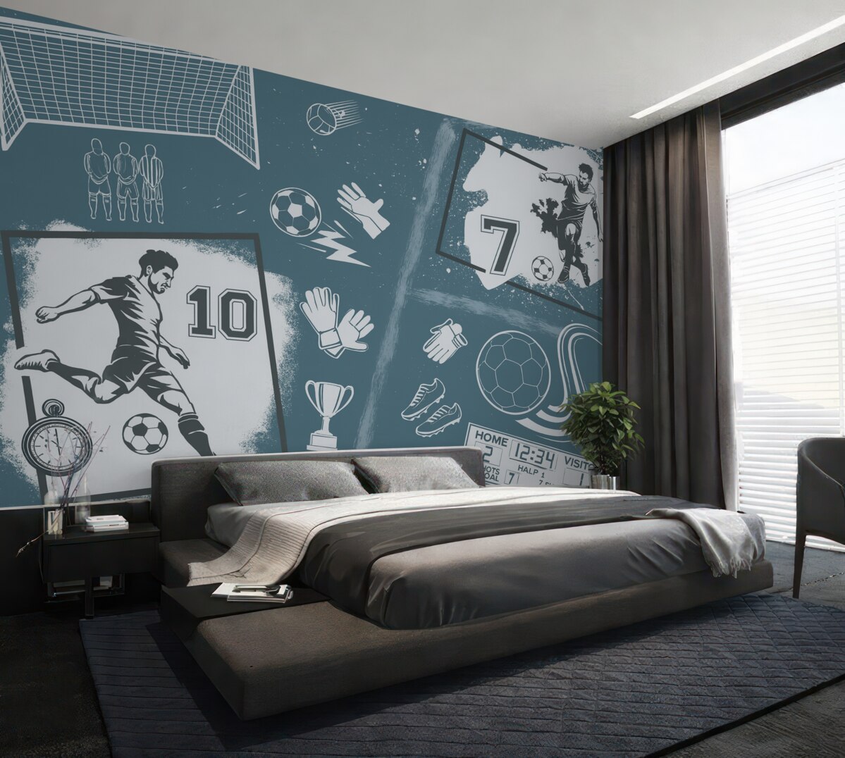 Fototapeta Zawodnicy, futbolówka oraz pozostałe elementy związane z piłką nożną w odcieniach błękitu.