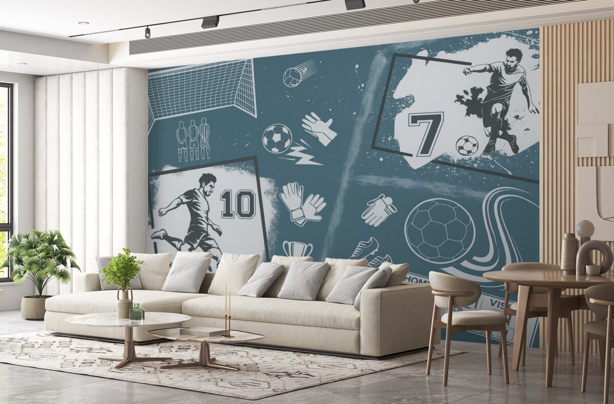 Fototapeta Zawodnicy, futbolówka oraz pozostałe elementy związane z piłką nożną w odcieniach błękitu.