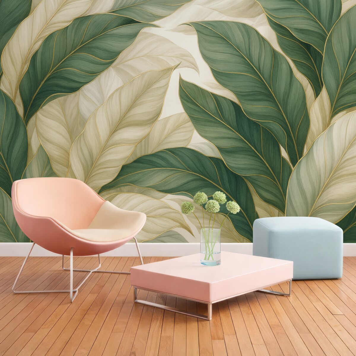 Fototapeta Tropikalne zielone liście na tle szarym i białym.