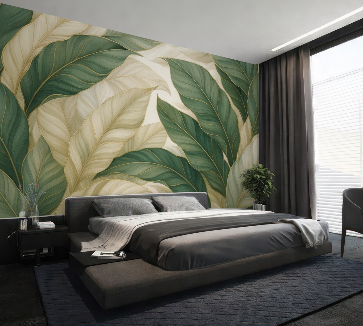 Fototapeta Tropikalne zielone liście na tle szarym i białym.