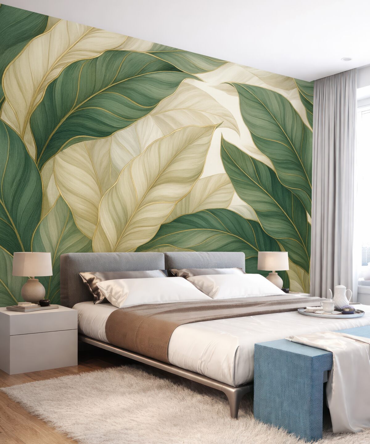 Fototapeta Tropikalne zielone liście na tle szarym i białym.